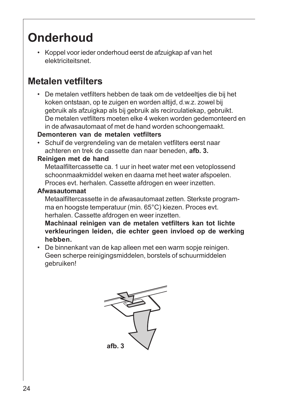 Onderhoud, Metalen vetfilters | AEG DK 4360 User Manual | Page 24 / 68