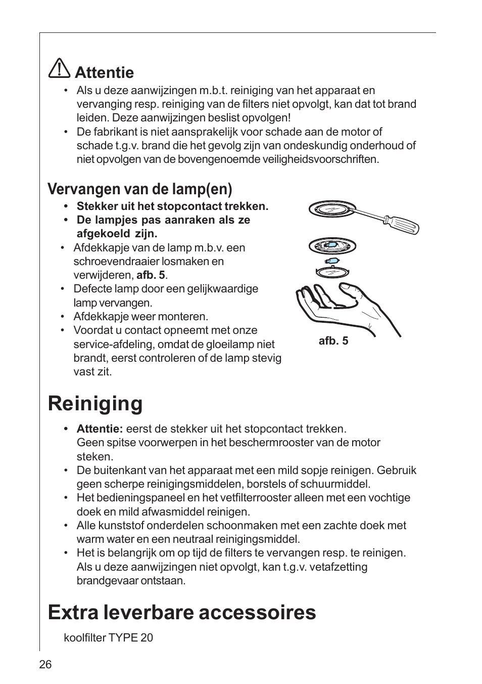 Reiniging, Extra leverbare accessoires, Attentie | Vervangen van de lamp(en) | AEG DK 4360 User Manual | Page 26 / 68