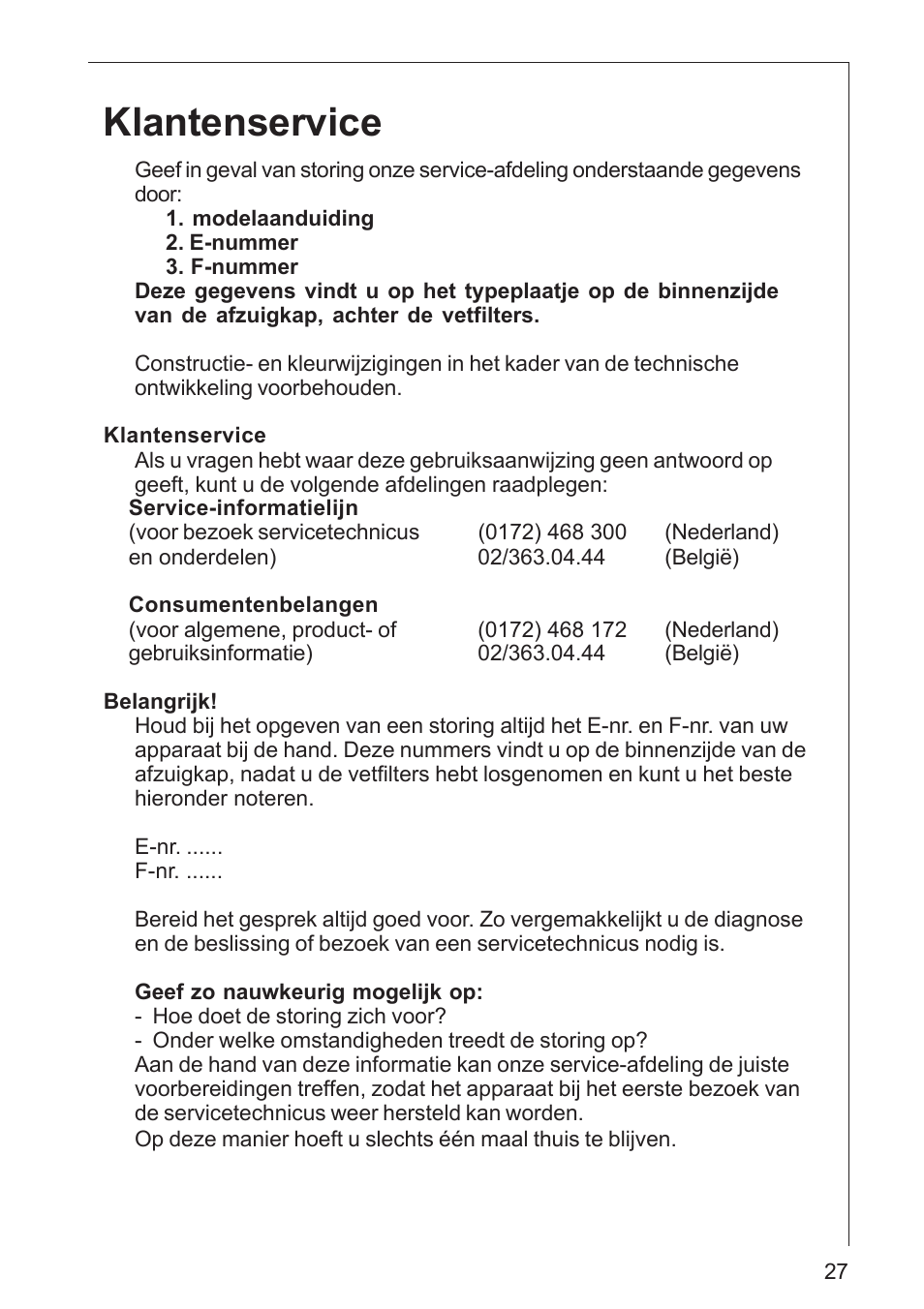 Klantenservice | AEG DK 4360 User Manual | Page 27 / 68