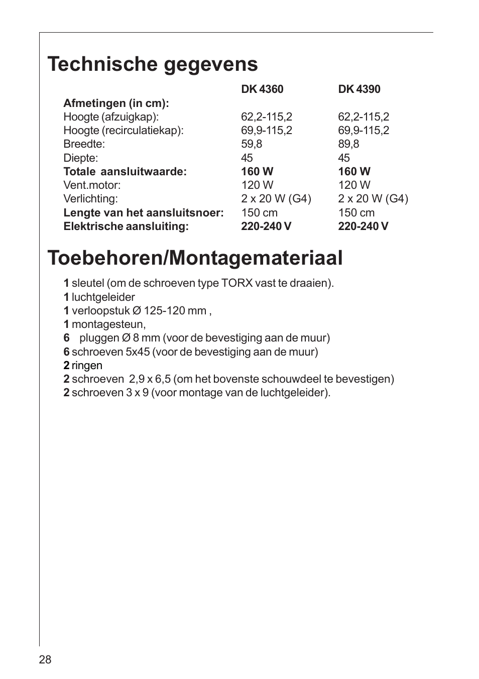 Technische gegevens, Toebehoren/montagemateriaal | AEG DK 4360 User Manual | Page 28 / 68