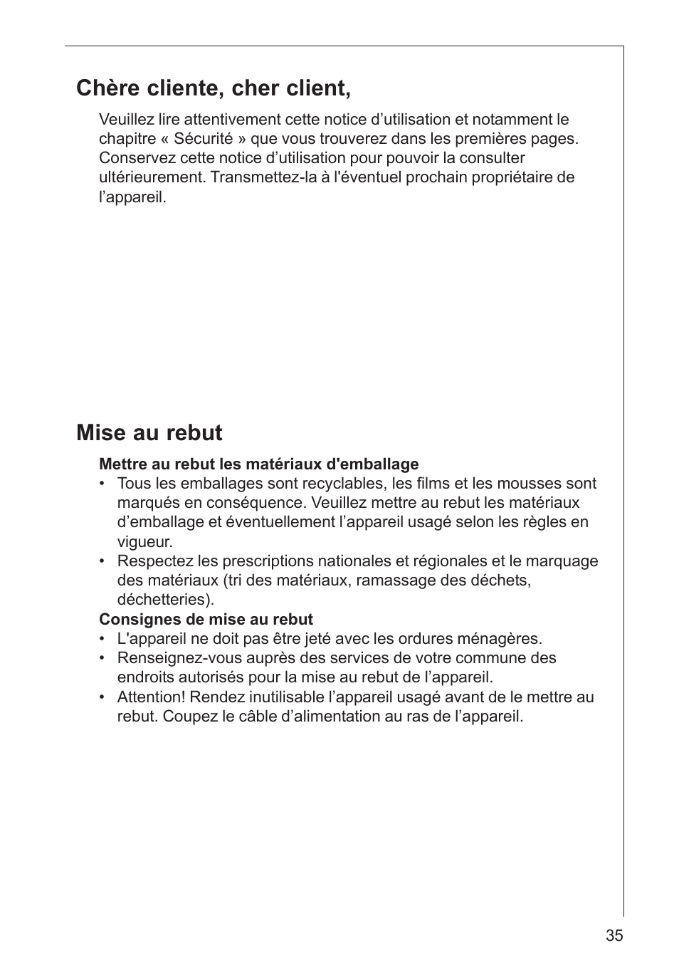 Chère cliente, cher client, Mise au rebut | AEG DK 4360 User Manual | Page 35 / 68