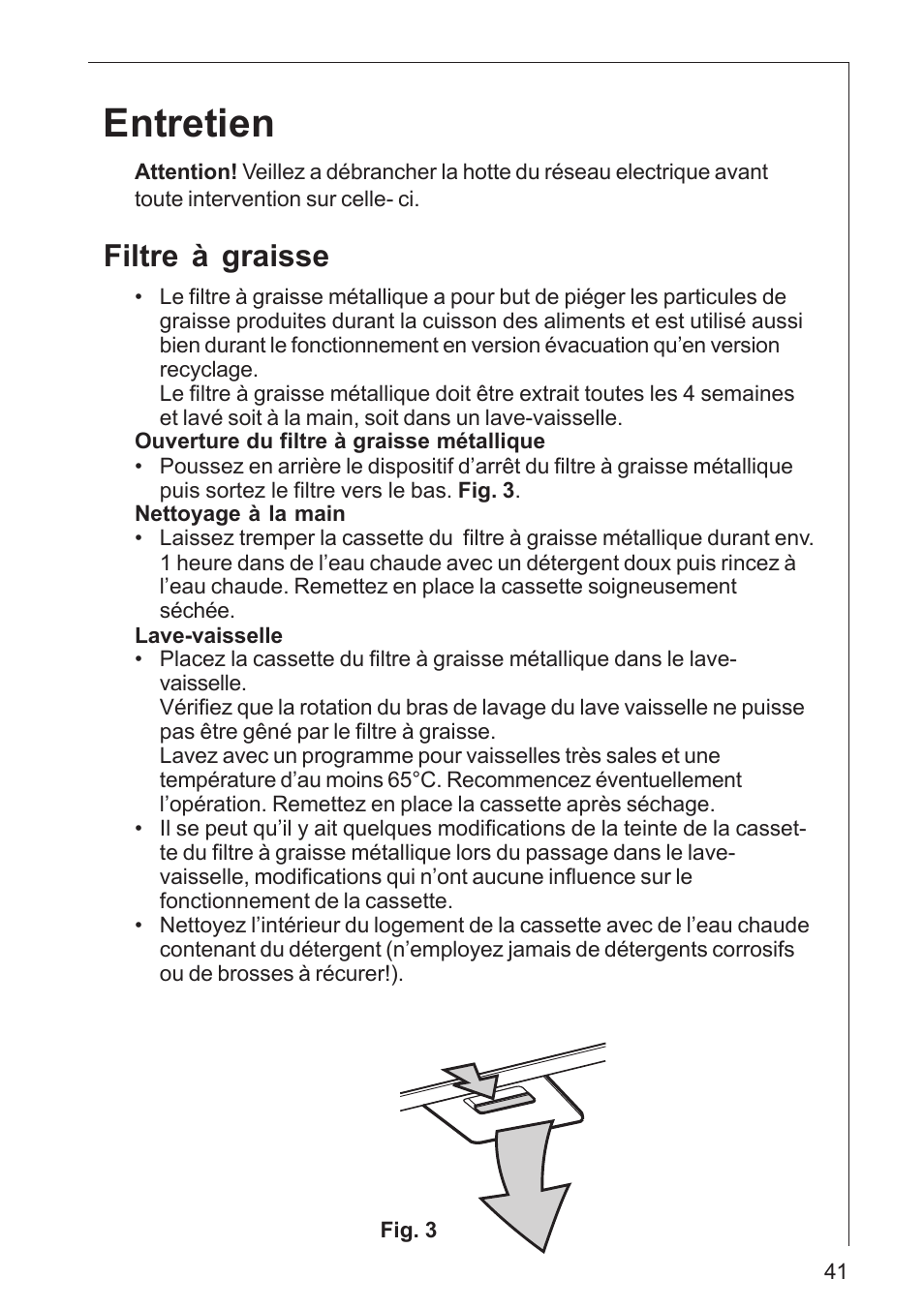 Entretien, Filtre à graisse | AEG DK 4360 User Manual | Page 41 / 68