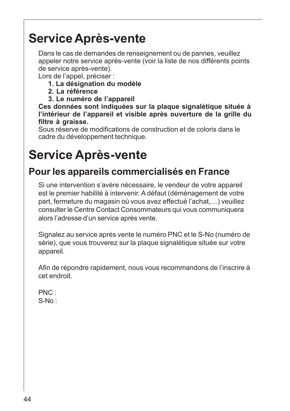 Service après-vente, Pour les appareils commercialisés en france | AEG DK 4360 User Manual | Page 44 / 68