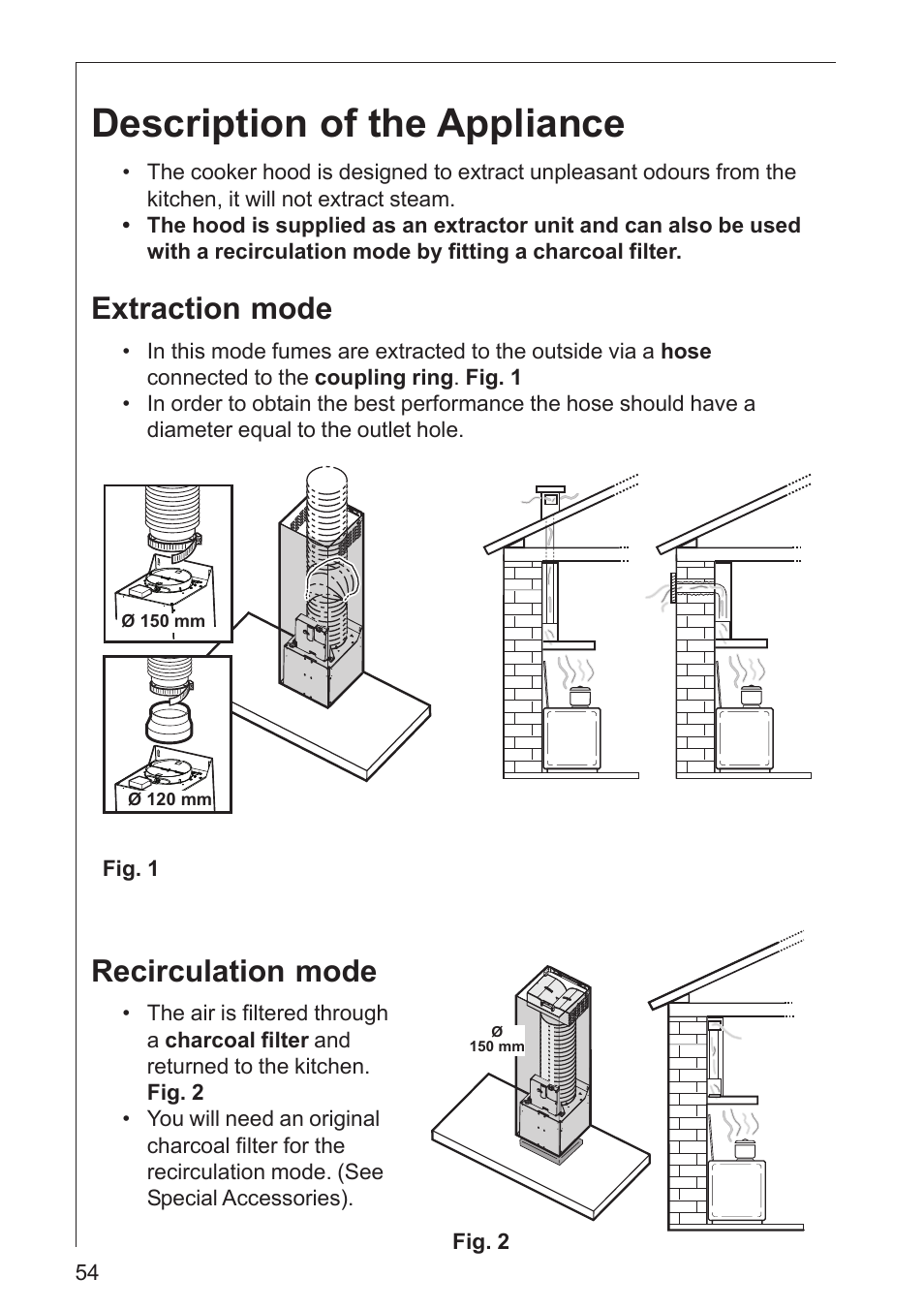 Description of the appliance, Extraction mode, Recirculation mode | AEG DK 4360 User Manual | Page 54 / 68