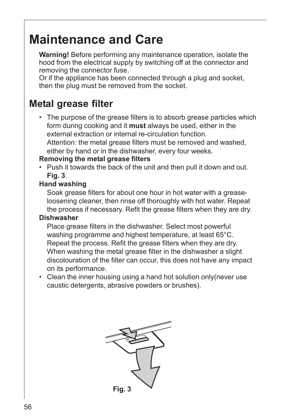 Maintenance and care, Metal grease filter | AEG DK 4360 User Manual | Page 56 / 68