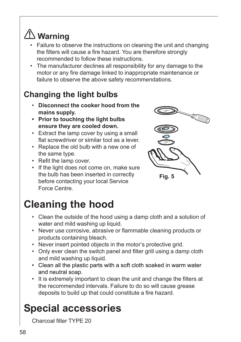 Cleaning the hood, Special accessories, Warning | Changing the light bulbs | AEG DK 4360 User Manual | Page 58 / 68