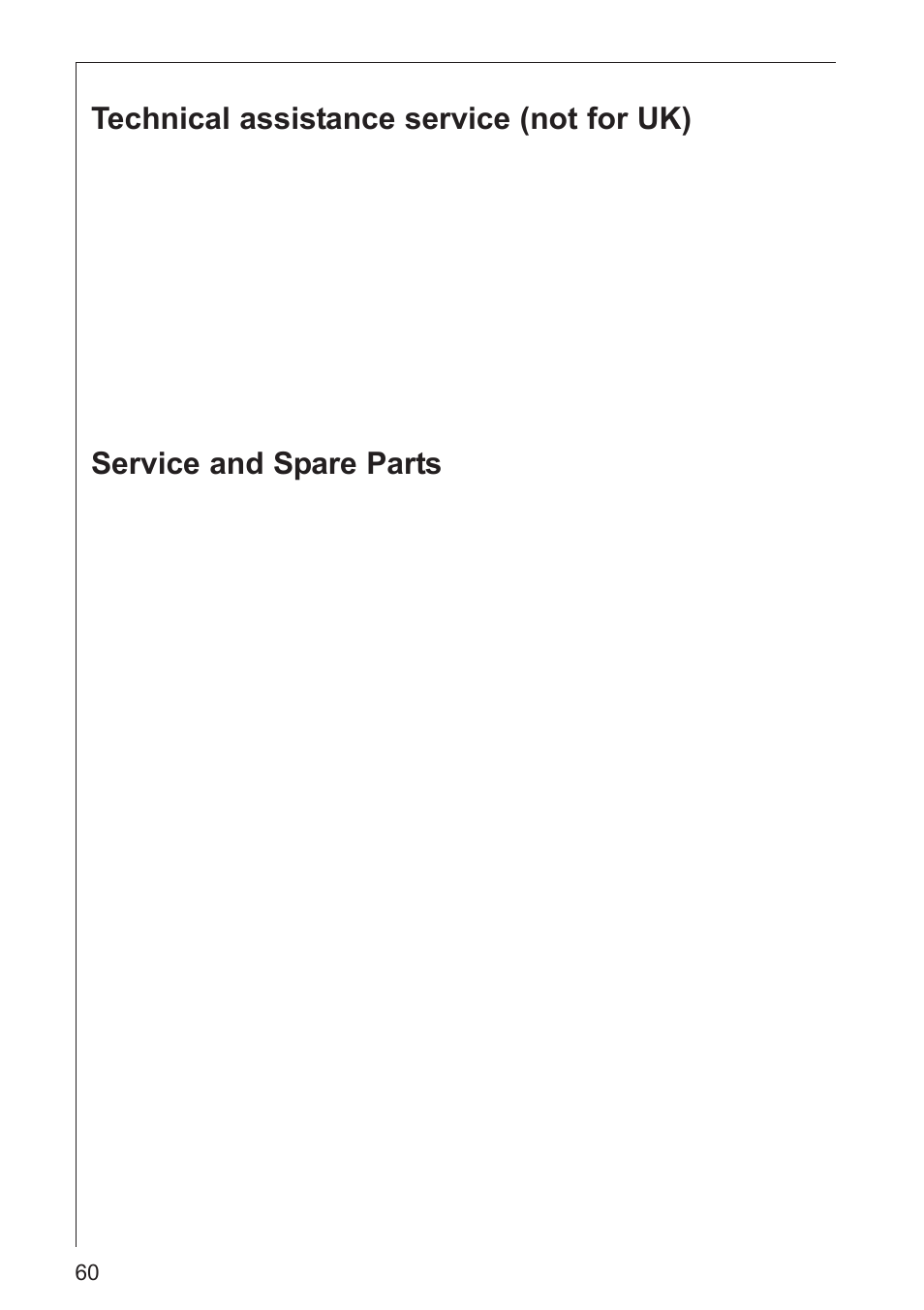 Technical assistance service (not for uk), Service and spare parts | AEG DK 4360 User Manual | Page 60 / 68
