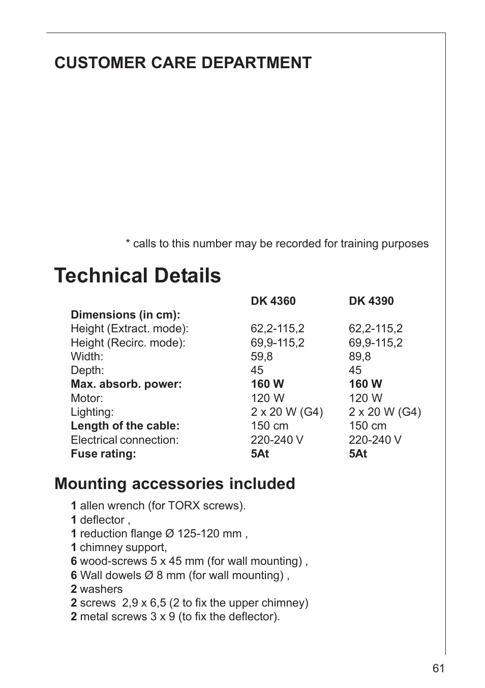 Technical details, Customer care department, Mounting accessories included | AEG DK 4360 User Manual | Page 61 / 68