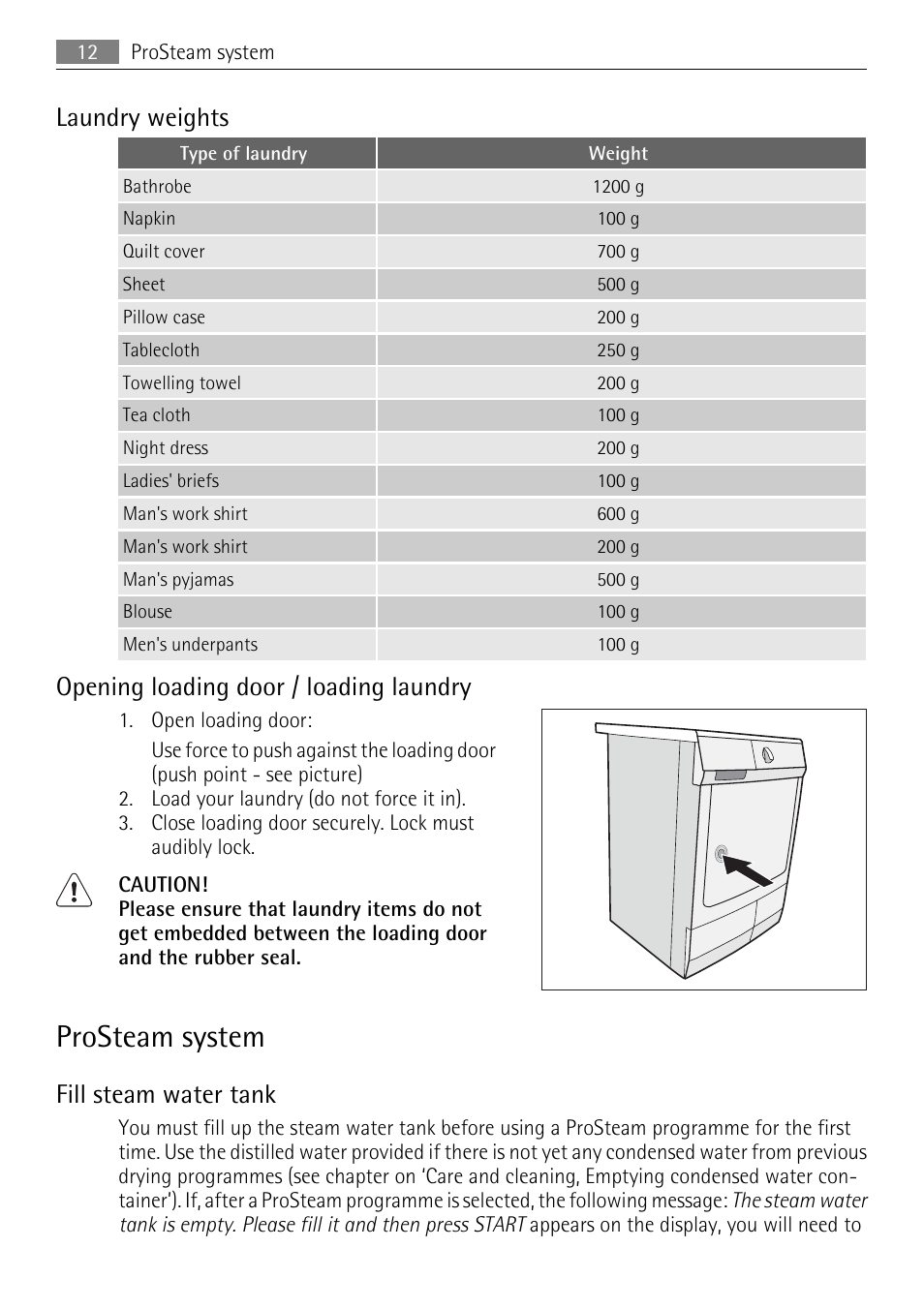 Prosteam system, Laundry weights, Opening loading door / loading laundry | Fill steam water tank | AEG 88840 User Manual | Page 12 / 48