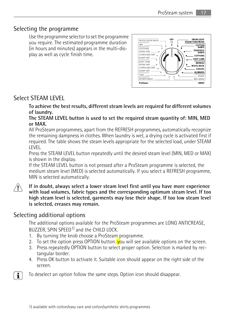 Selecting the programme, Select steam level, Selecting additional options | AEG 88840 User Manual | Page 17 / 48