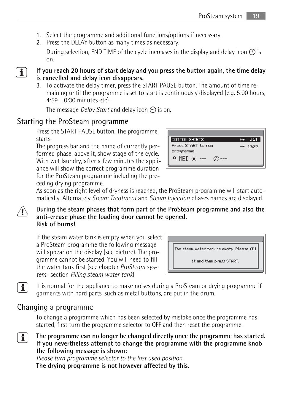 Starting the prosteam programme, Changing a programme | AEG 88840 User Manual | Page 19 / 48