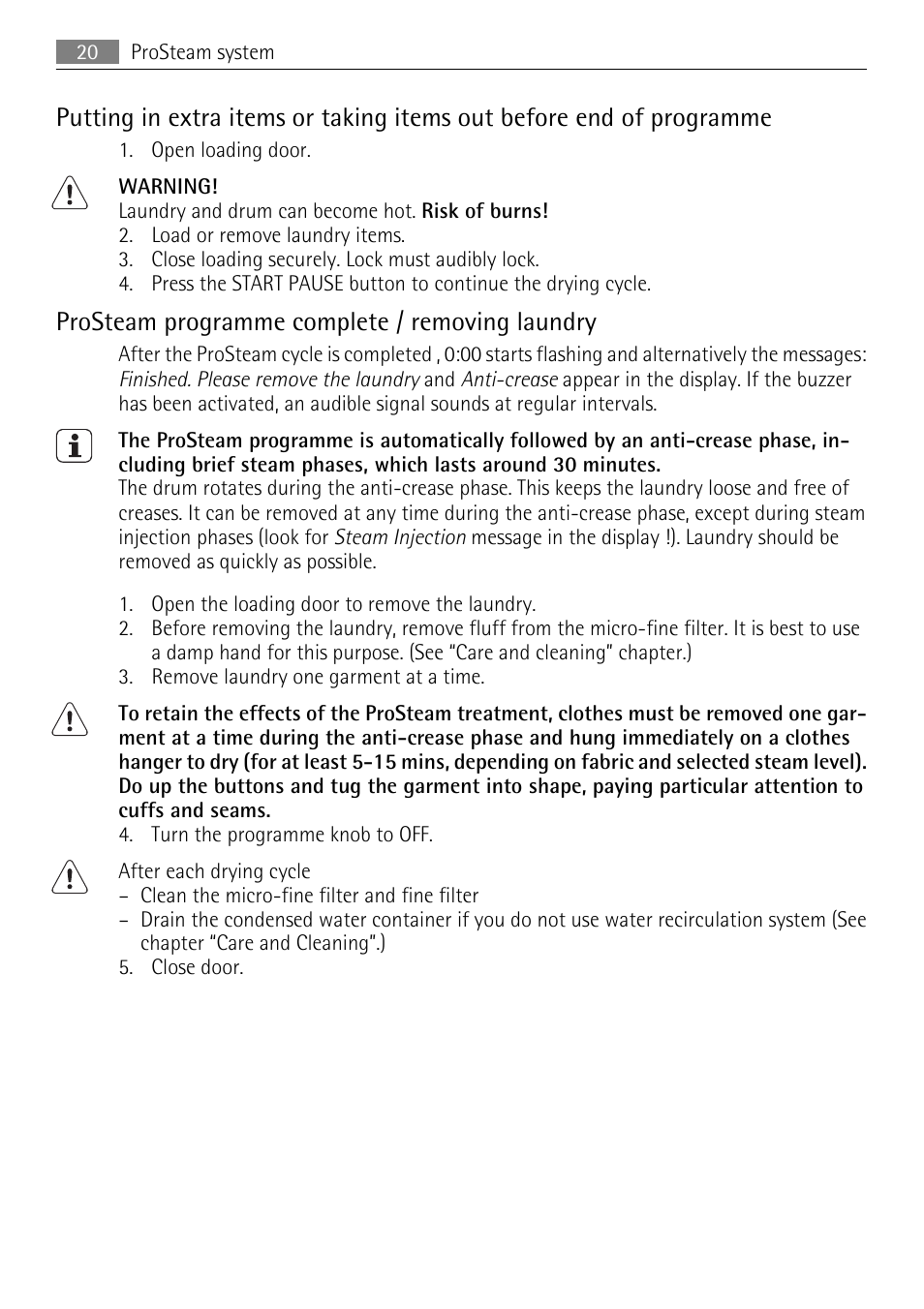 Prosteam programme complete / removing laundry | AEG 88840 User Manual | Page 20 / 48