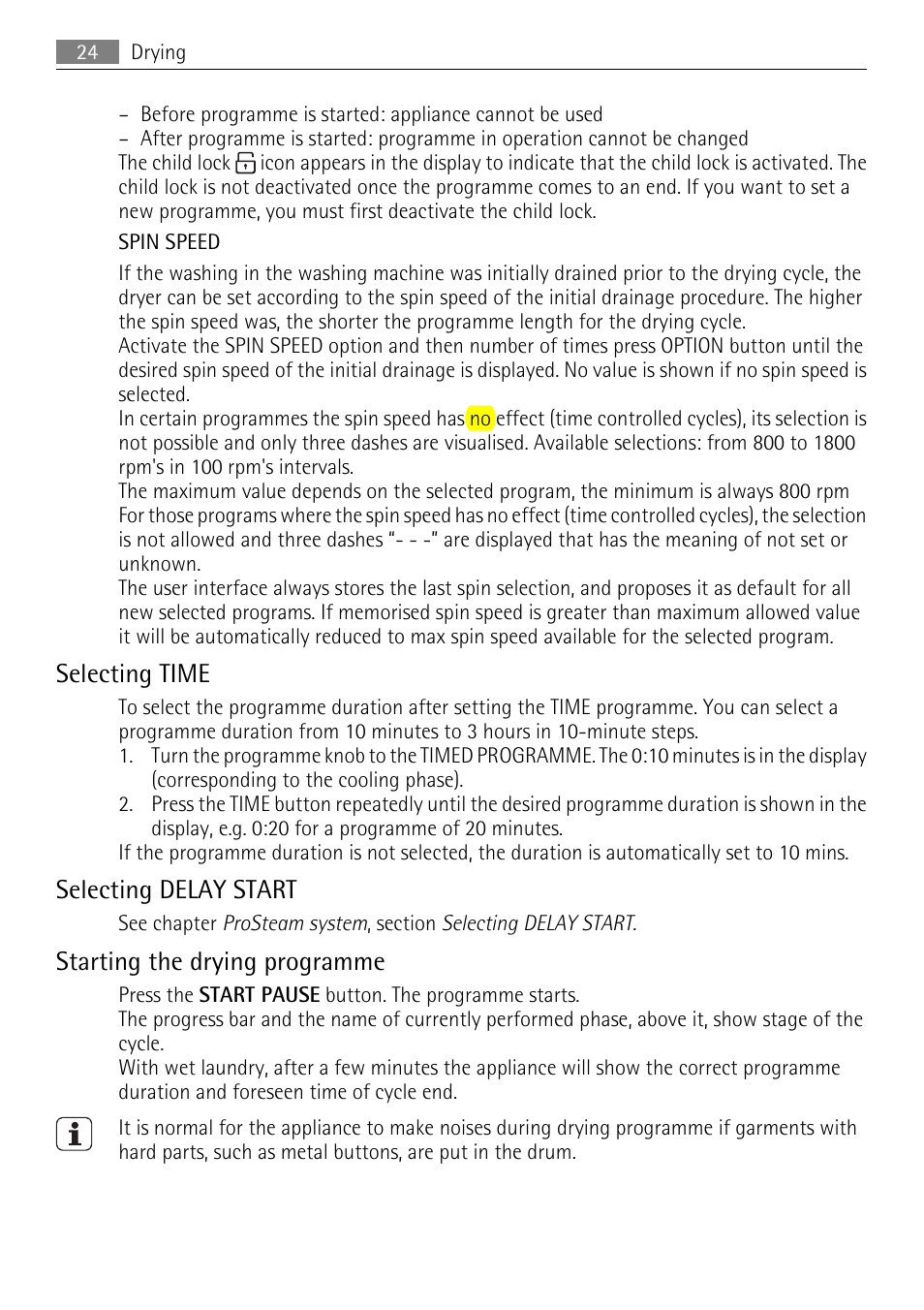 Selecting time, Selecting delay start, Starting the drying programme | AEG 88840 User Manual | Page 24 / 48