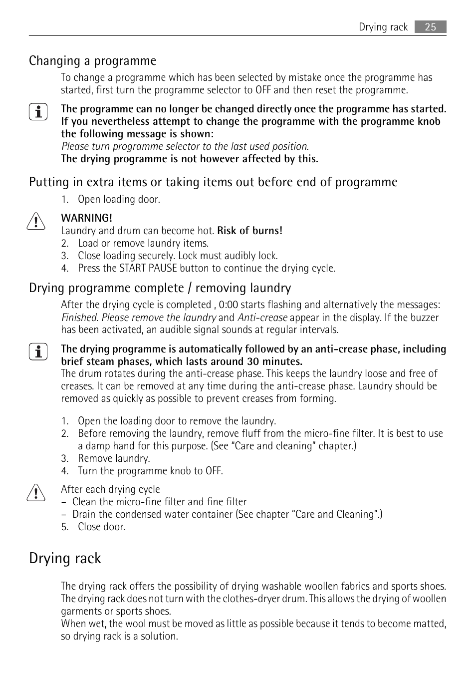 Drying rack, Changing a programme, Drying programme complete / removing laundry | AEG 88840 User Manual | Page 25 / 48