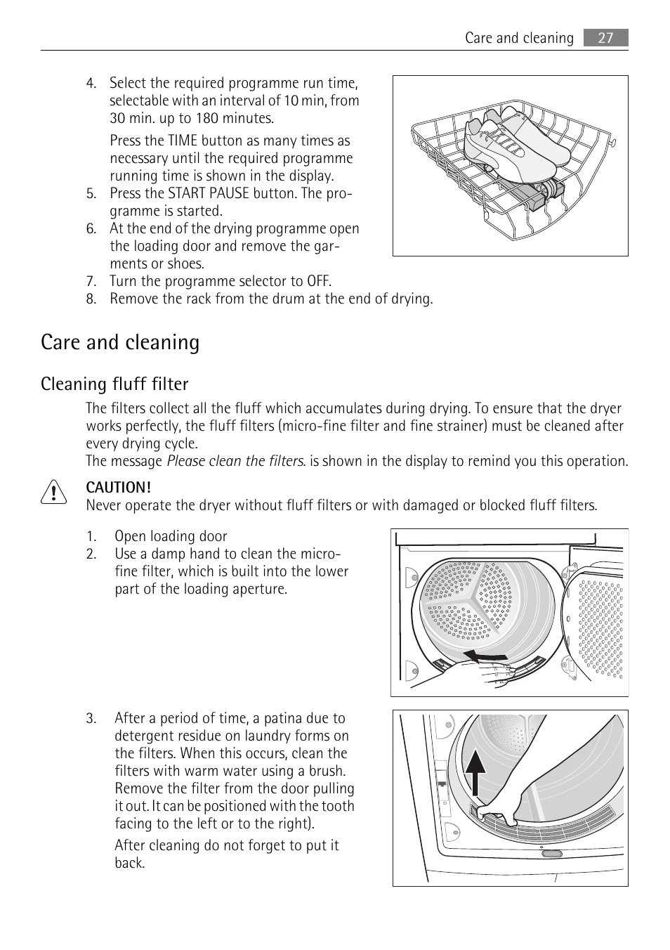 Care and cleaning, Cleaning fluff filter | AEG 88840 User Manual | Page 27 / 48