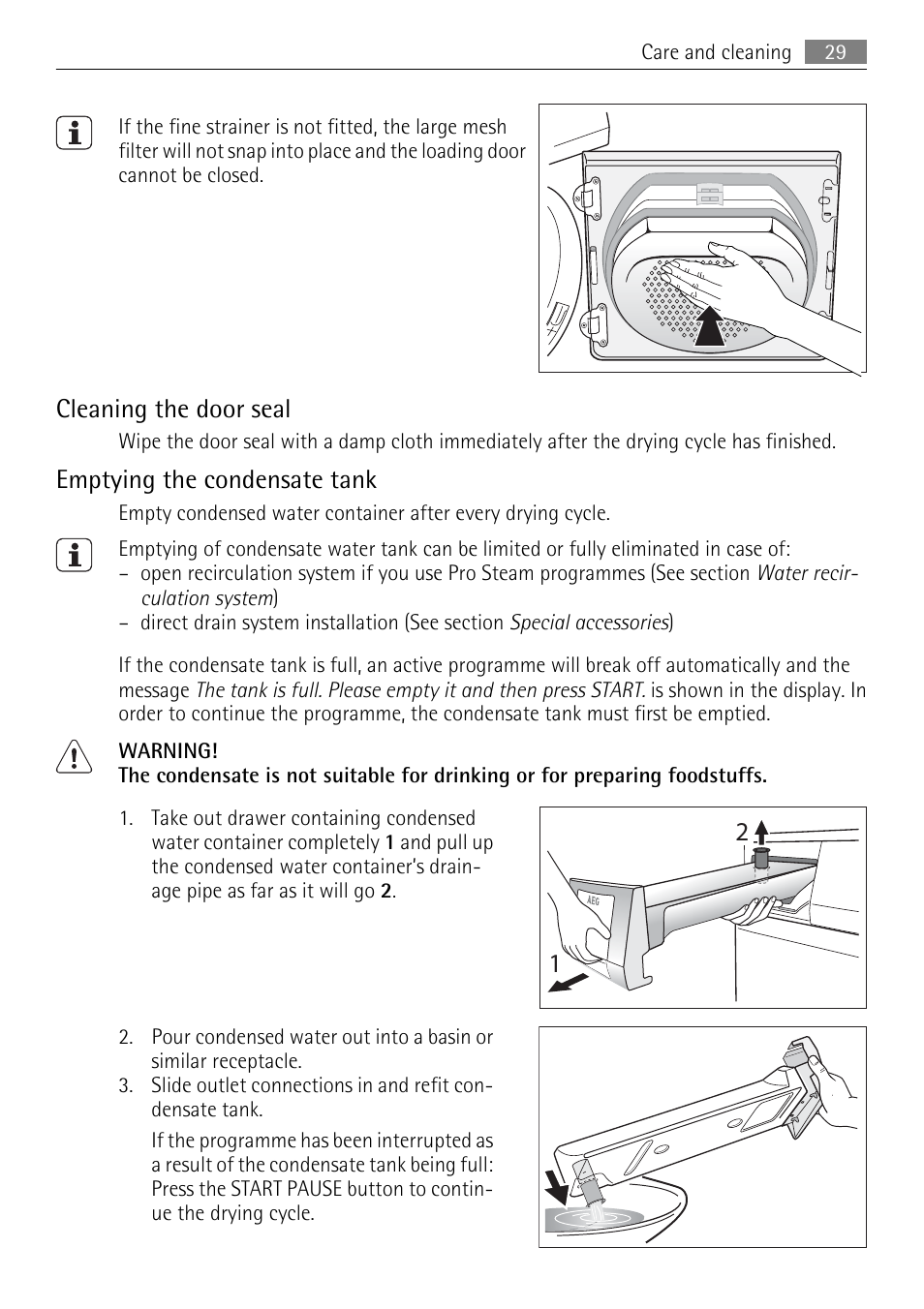 Cleaning the door seal, Emptying the condensate tank | AEG 88840 User Manual | Page 29 / 48