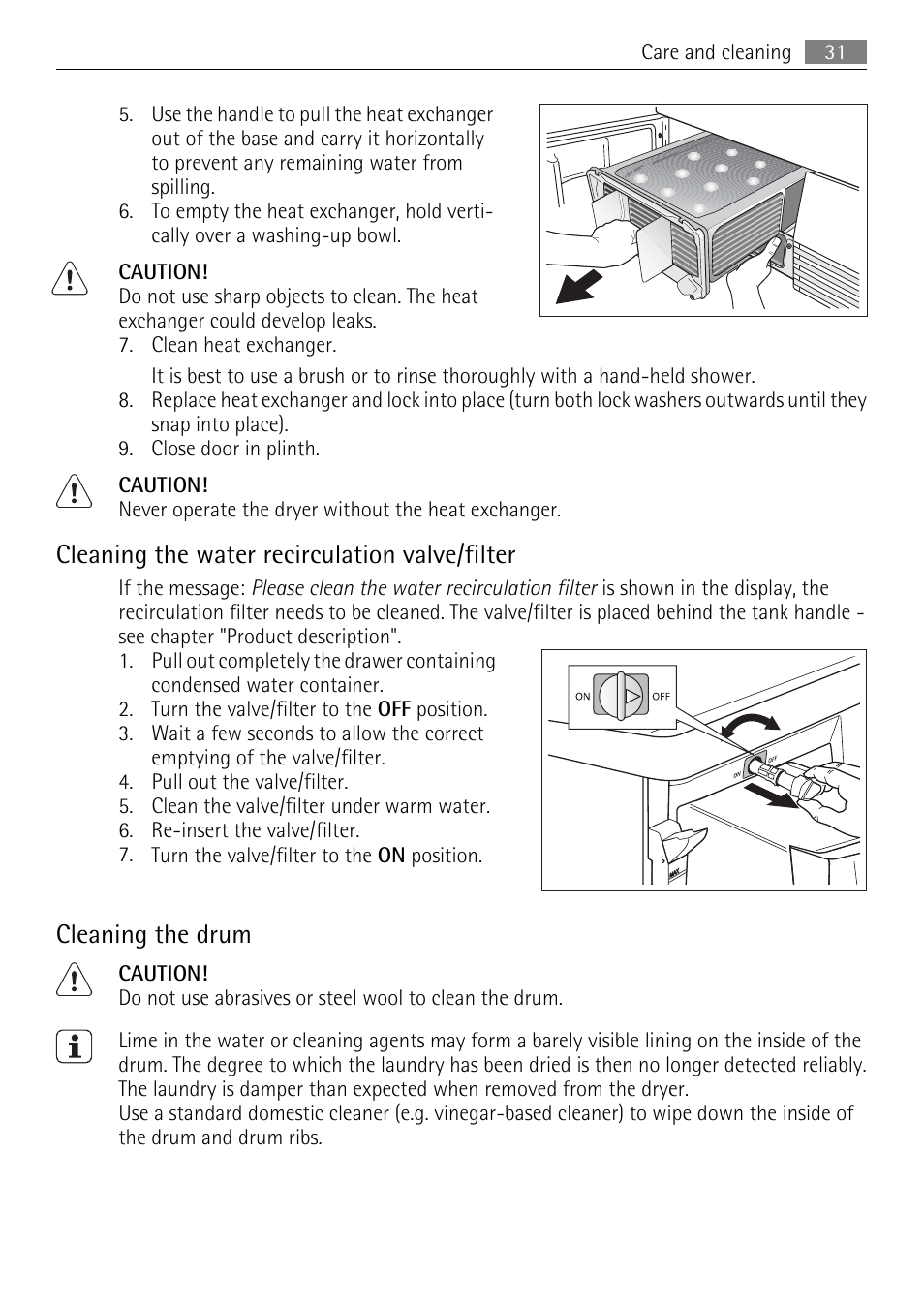 Cleaning the water recirculation valve/filter, Cleaning the drum | AEG 88840 User Manual | Page 31 / 48