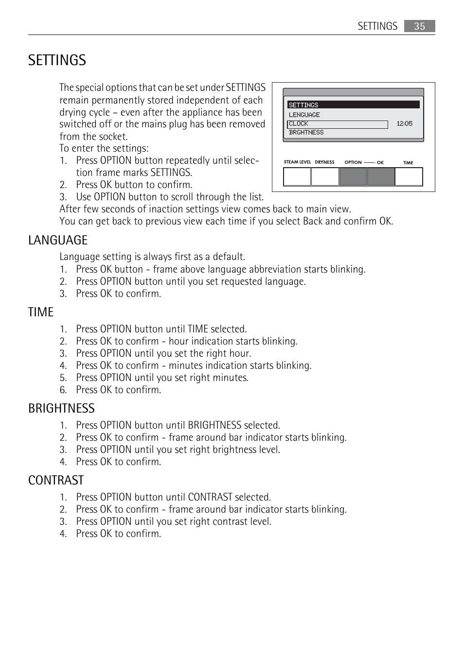 Settings, Language, Time | Brightness, Contrast | AEG 88840 User Manual | Page 35 / 48