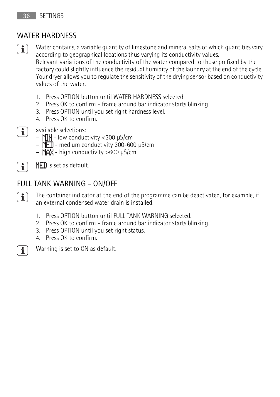 Water hardness, Full tank warning - on/off | AEG 88840 User Manual | Page 36 / 48