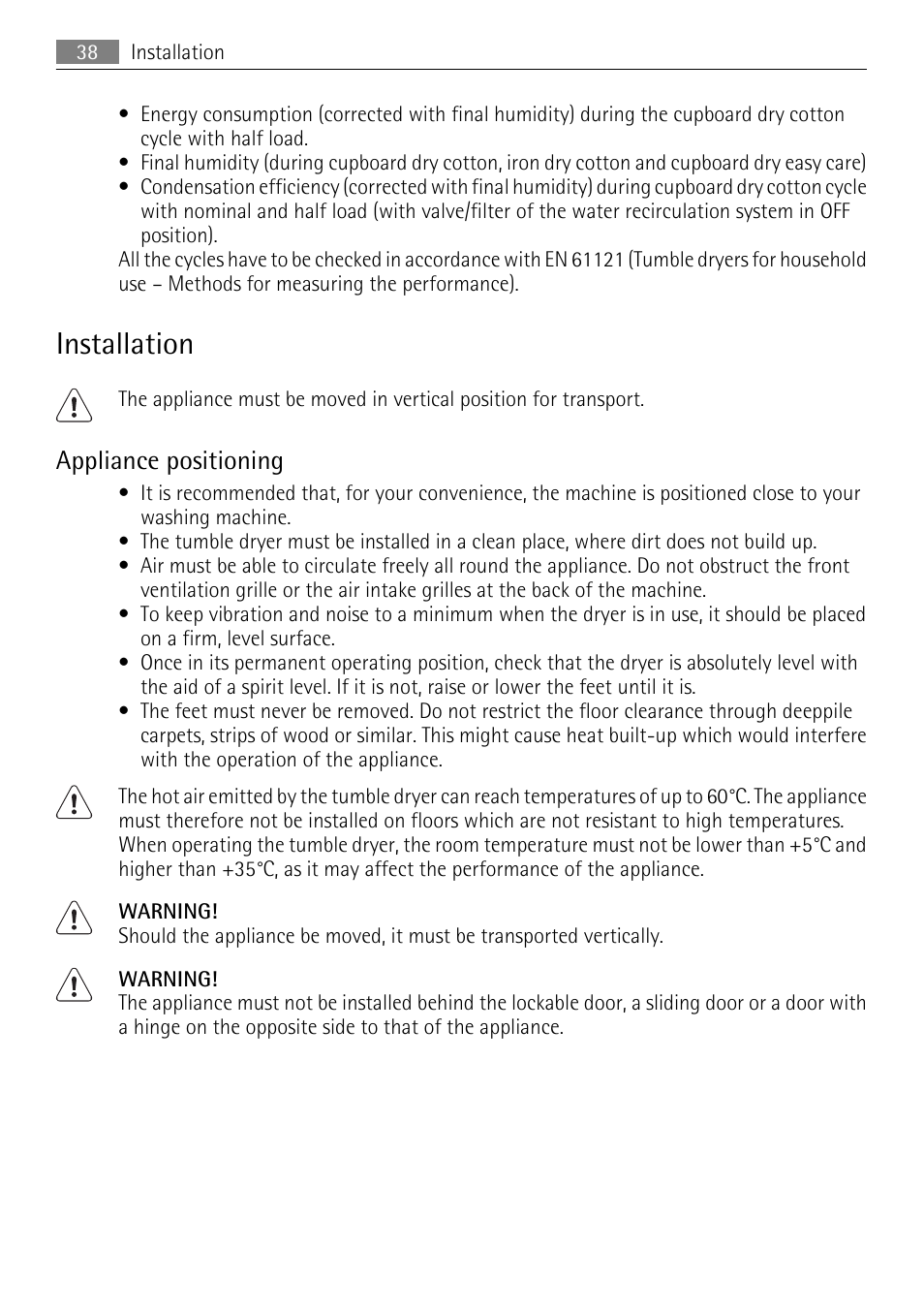 Installation, Appliance positioning | AEG 88840 User Manual | Page 38 / 48