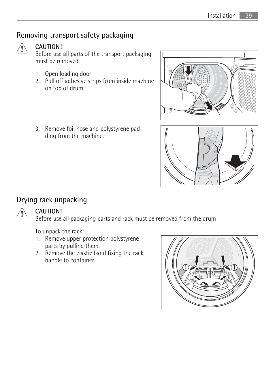 Removing transport safety packaging, Drying rack unpacking | AEG 88840 User Manual | Page 39 / 48