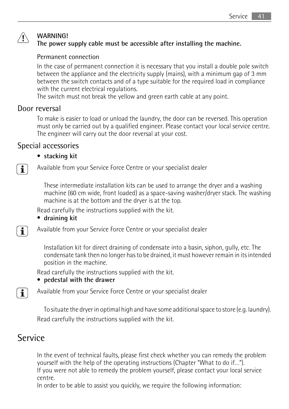 Service, Door reversal, Special accessories | AEG 88840 User Manual | Page 41 / 48
