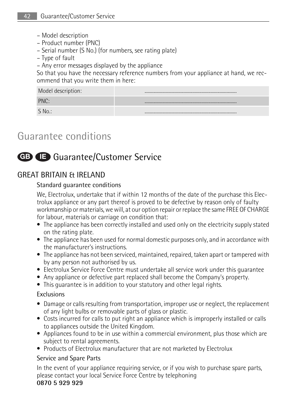 Guarantee conditions, Guarantee/customer service, Great britain & ireland | AEG 88840 User Manual | Page 42 / 48