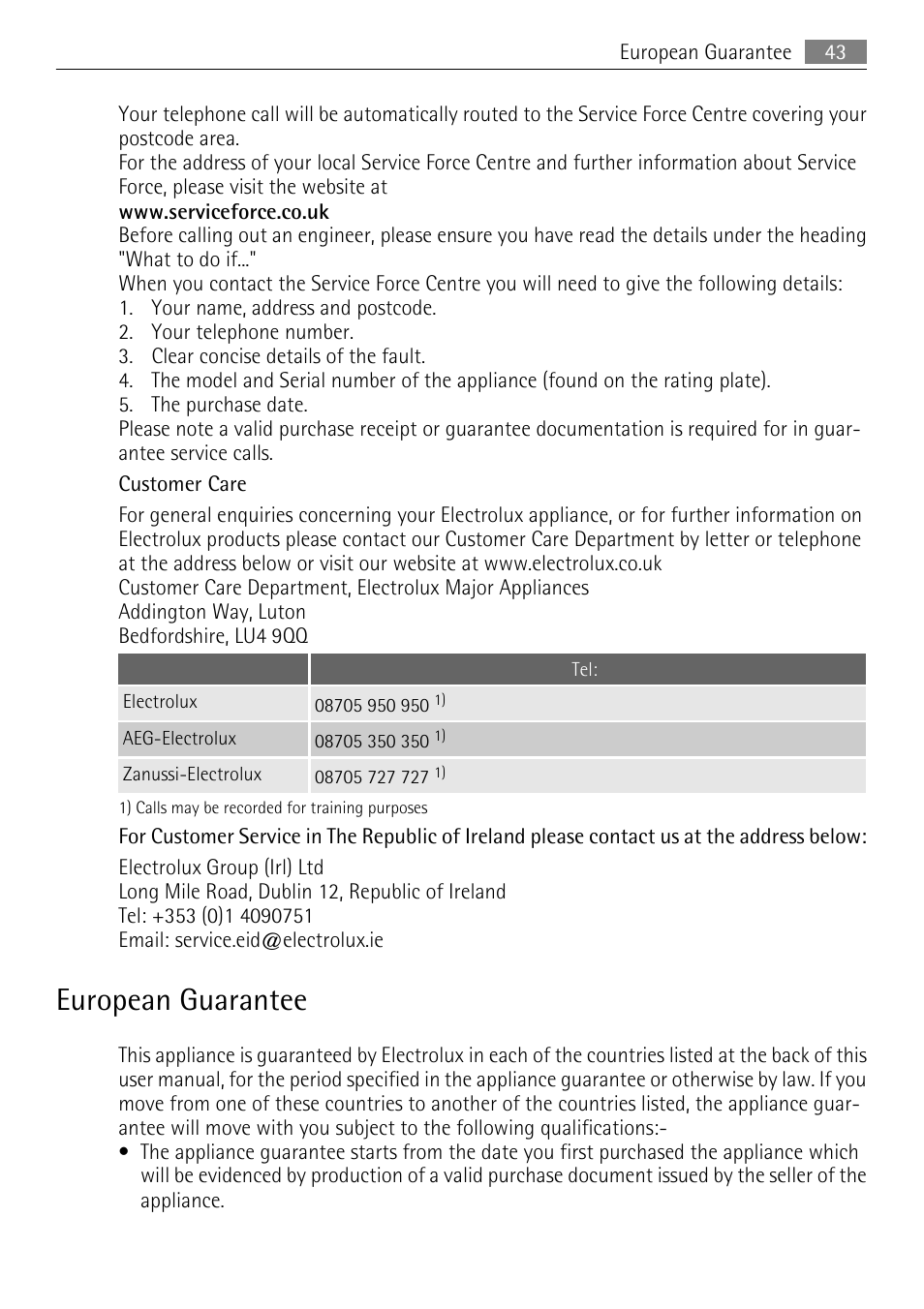 European guarantee | AEG 88840 User Manual | Page 43 / 48