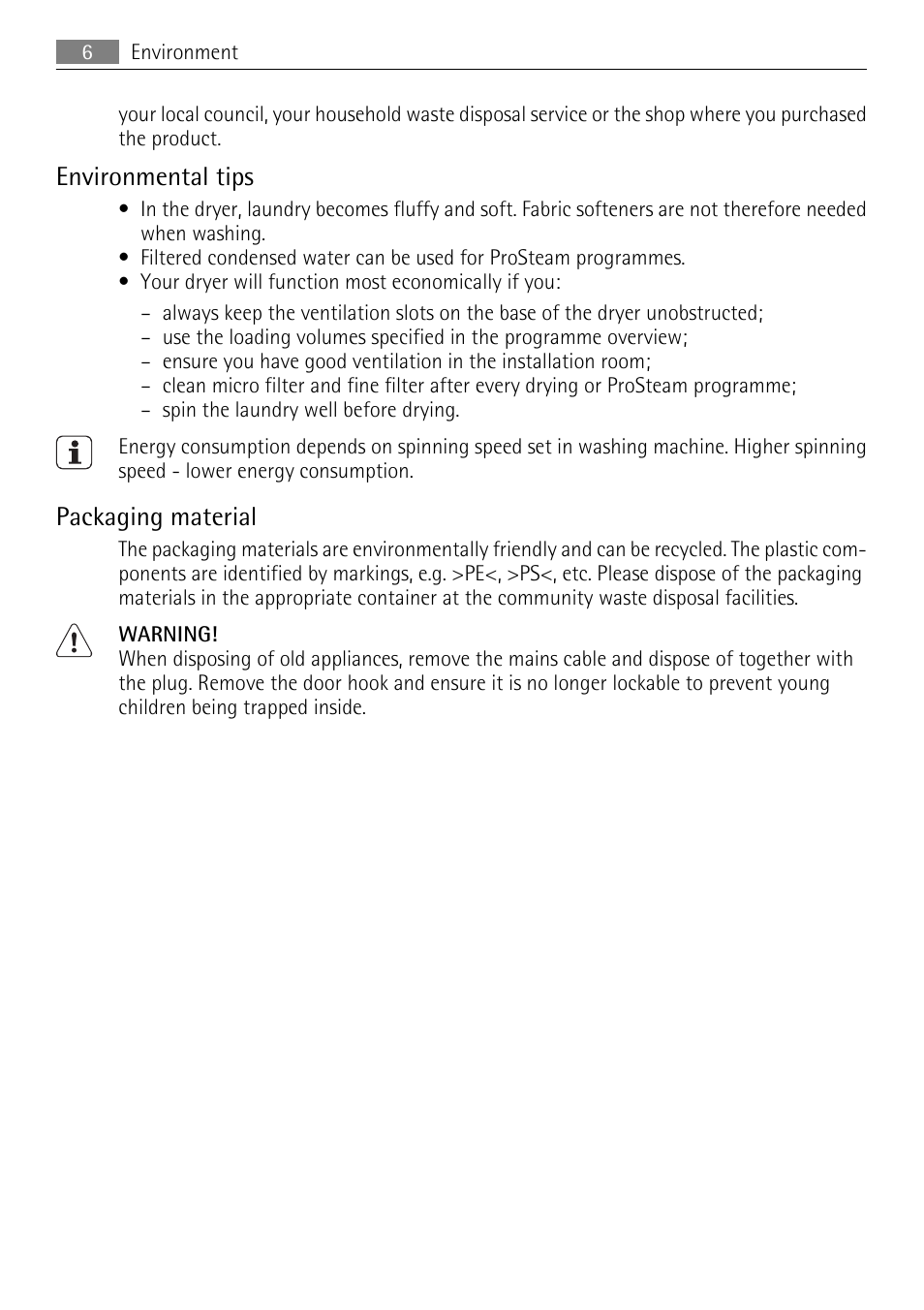 Environmental tips, Packaging material | AEG 88840 User Manual | Page 6 / 48
