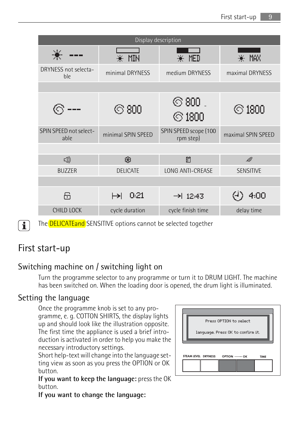 First start-up, Switching machine on / switching light on, Setting the language | AEG 88840 User Manual | Page 9 / 48