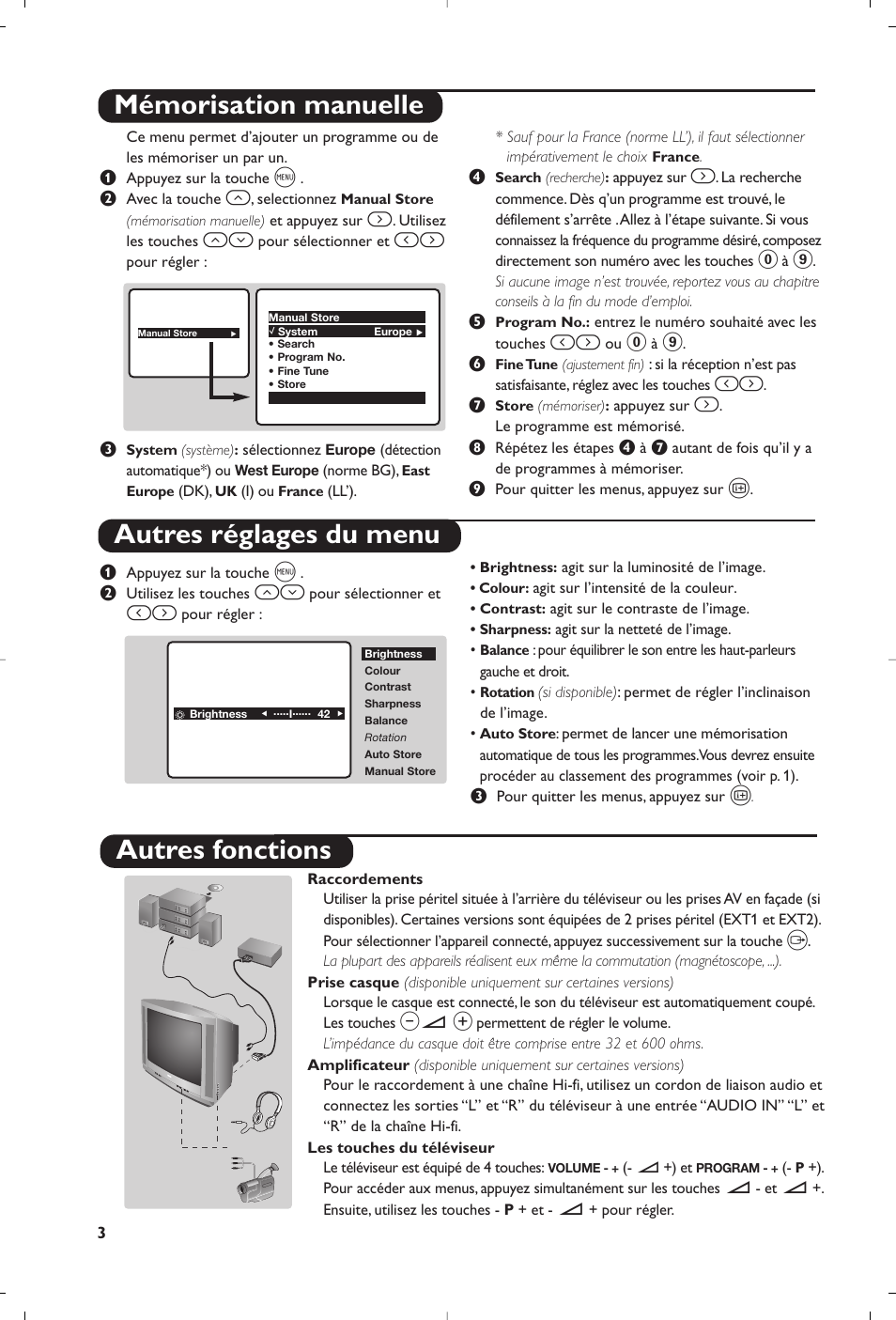 Mémorisation manuelle autres réglages du menu, Autres fonctions | Philips TV User Manual | Page 10 / 96