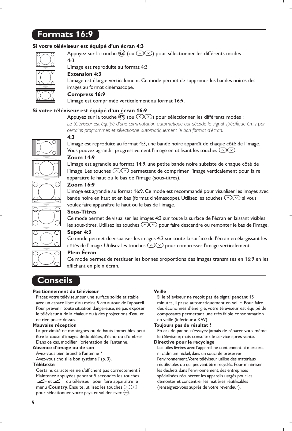 Conseils, Formats 16:9 | Philips TV User Manual | Page 12 / 96