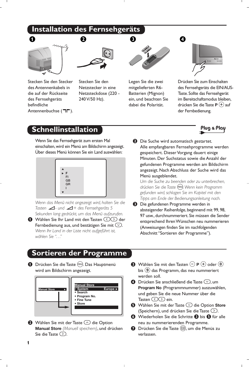 Installation des fernsehgeräts, Schnellinstallation sortieren der programme, Жв к | Philips TV User Manual | Page 18 / 96