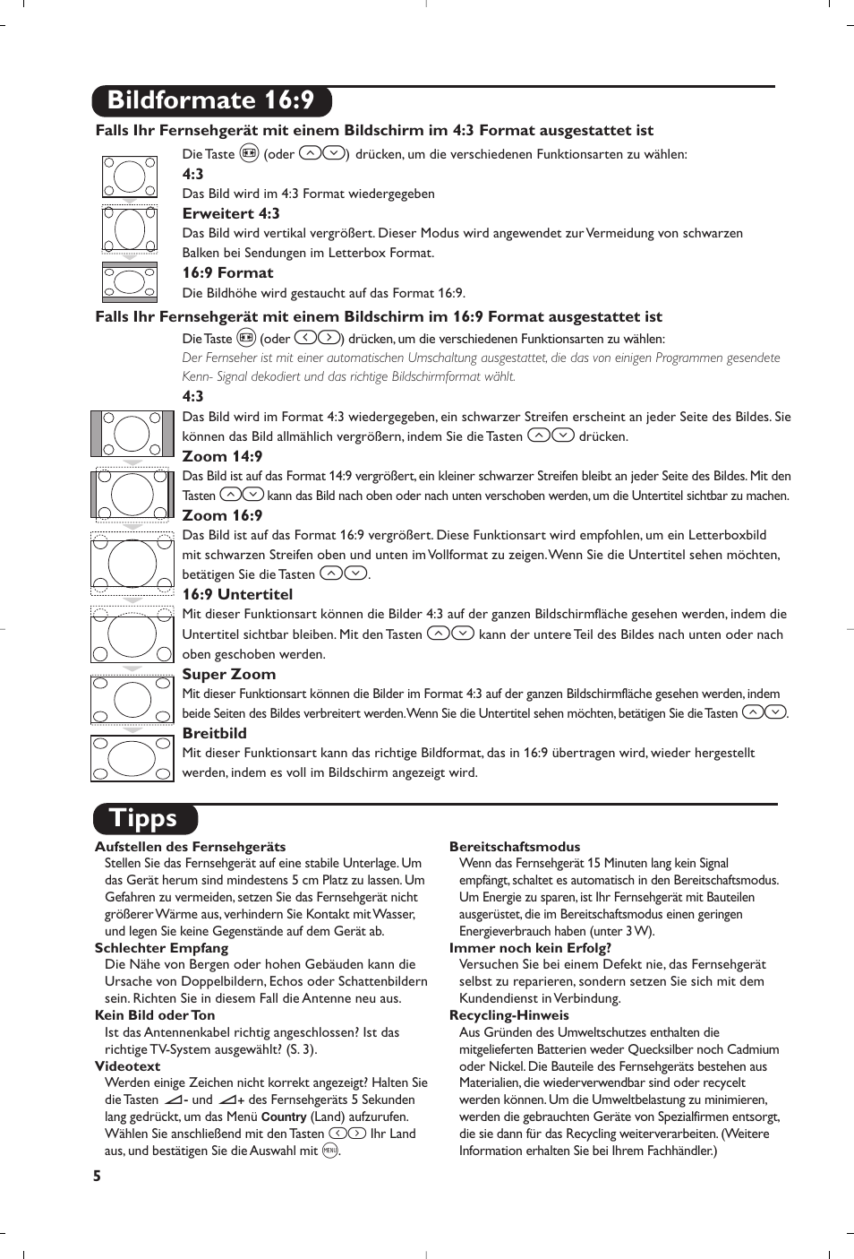 Tipps, Bildformate 16:9 | Philips TV User Manual | Page 22 / 96