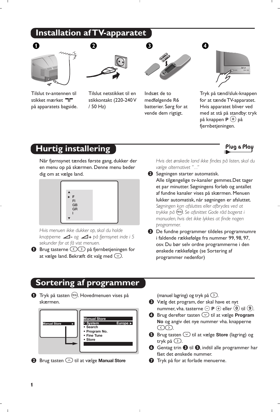 Installation af tv-apparatet, Hurtig installering sortering af programmer, Жв к | Philips TV User Manual | Page 28 / 96