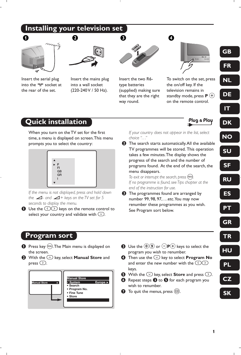 Installing your television set, Quick installation program sort, Жв к | Philips TV User Manual | Page 3 / 96