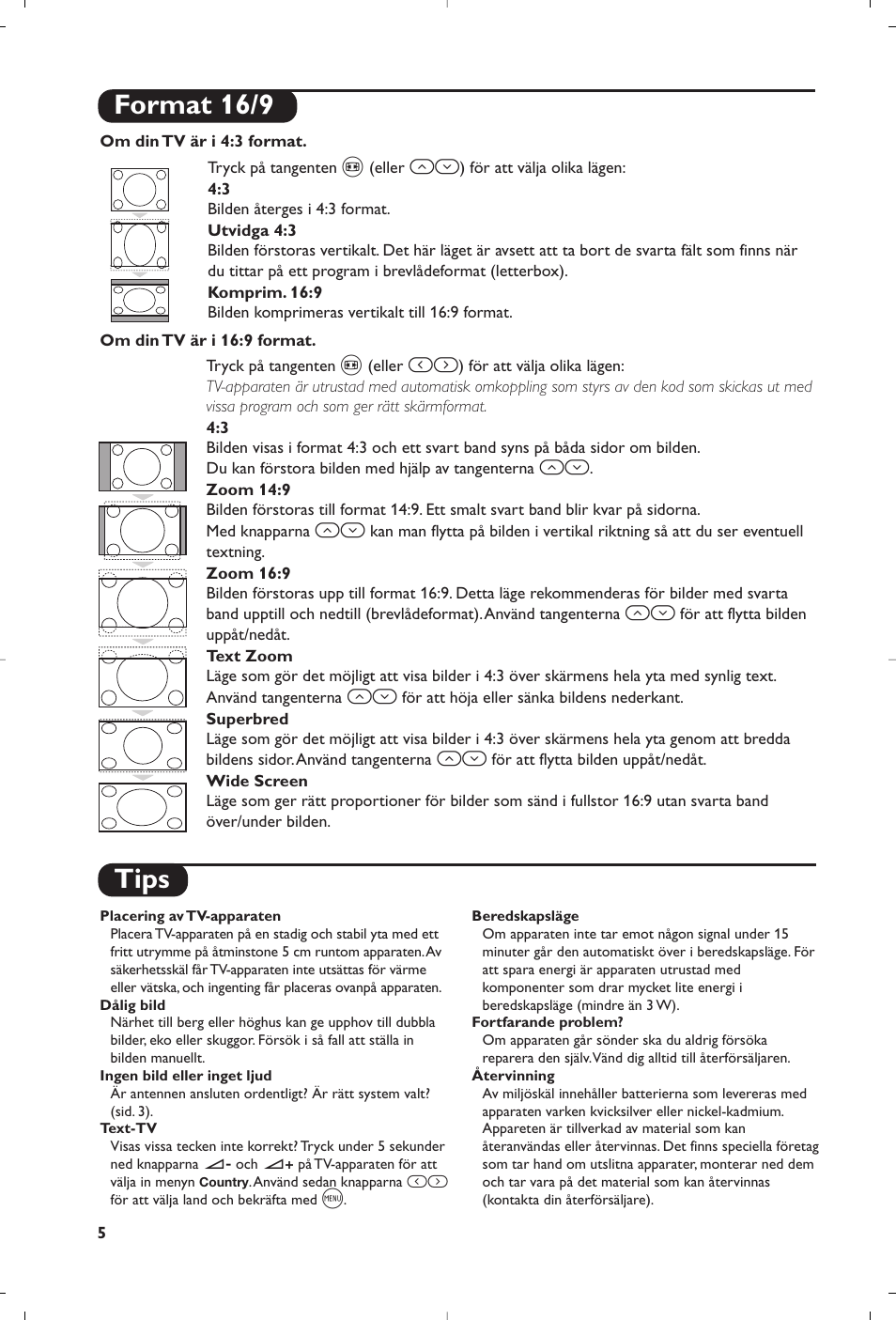 Tips, Format 16/9 | Philips TV User Manual | Page 42 / 96