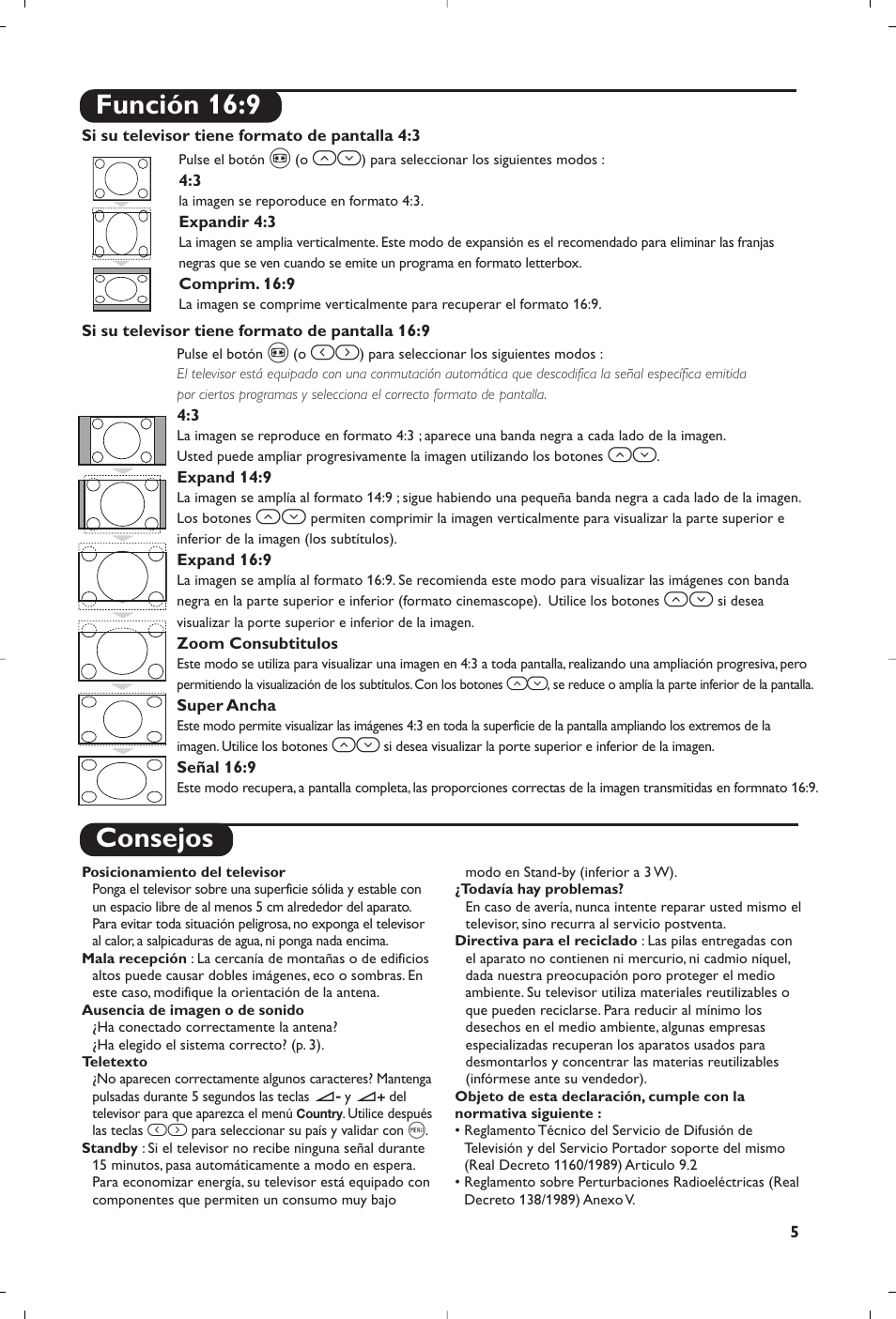 Consejos, Función 16:9 | Philips TV User Manual | Page 57 / 96