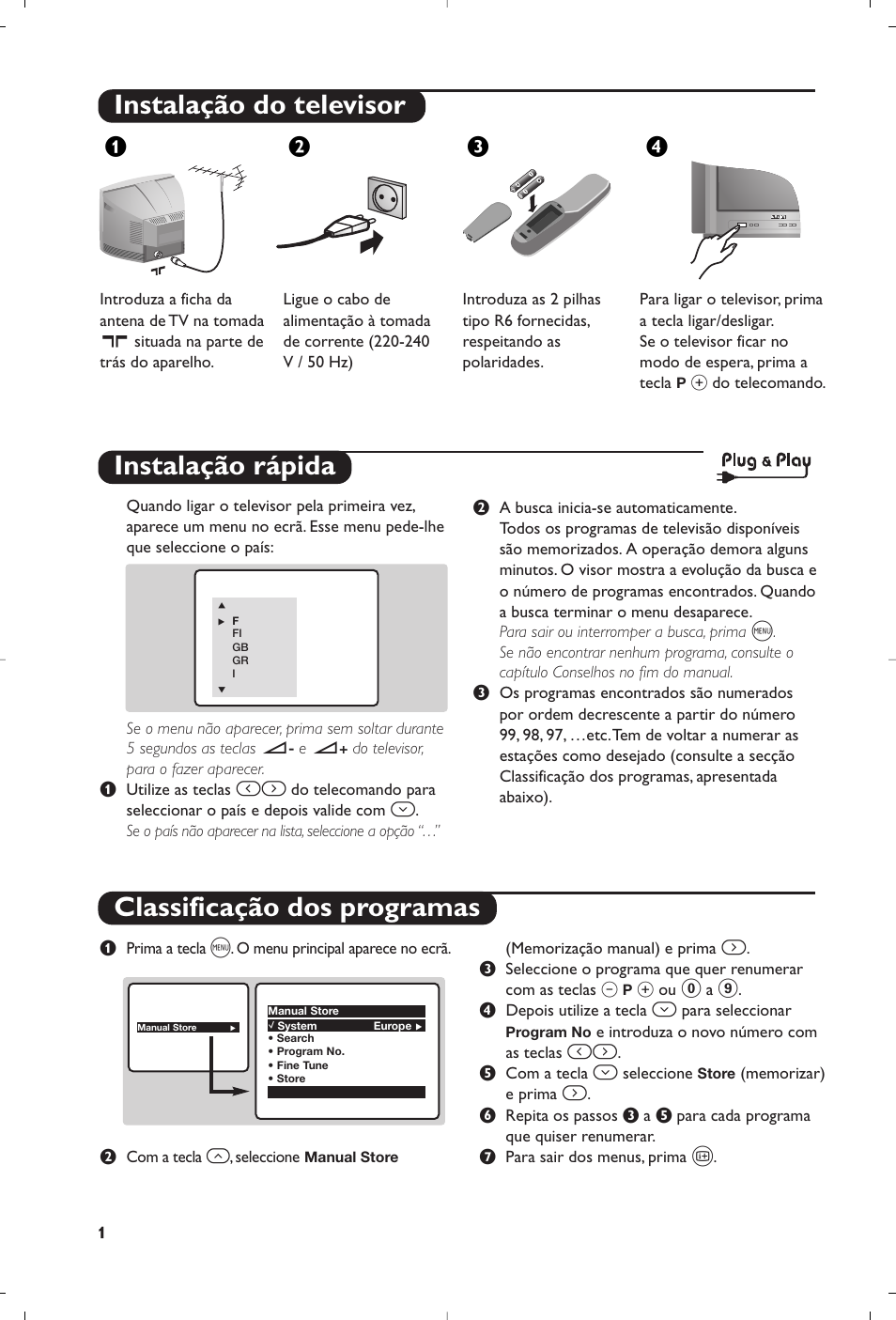 Instalação do televisor, Instalação rápida classificação dos programas, Жв к | Philips TV User Manual | Page 58 / 96