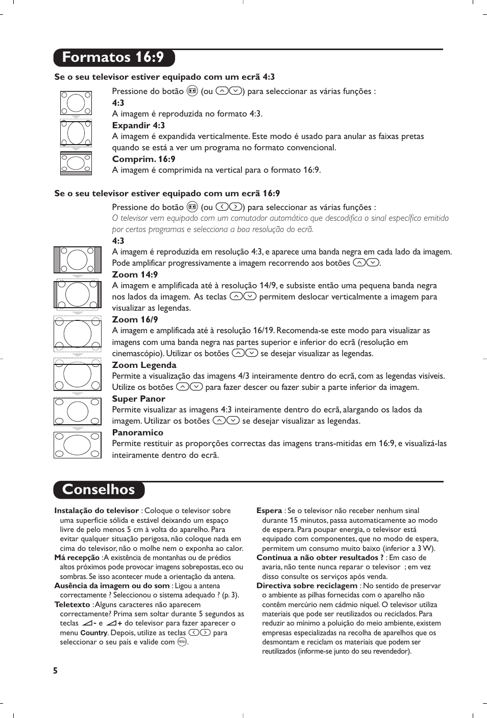 Conselhos, Formatos 16:9 | Philips TV User Manual | Page 62 / 96