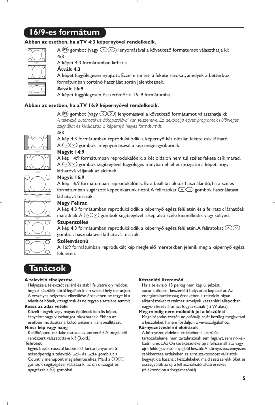 Tanácsok, 16/9-es formátum | Philips TV User Manual | Page 77 / 96