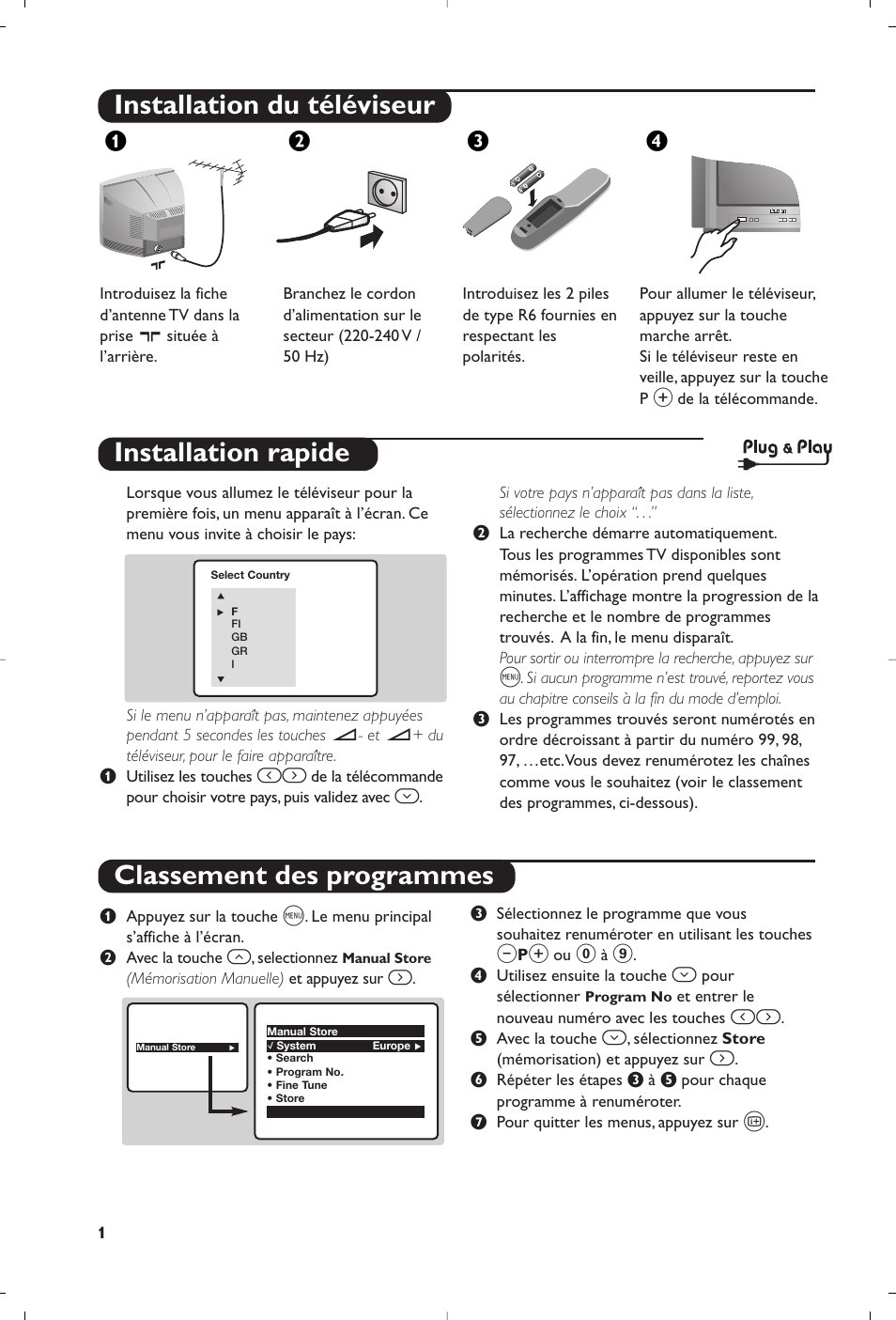Installation du téléviseur, Installation rapide classement des programmes, Жв к | Philips TV User Manual | Page 8 / 96