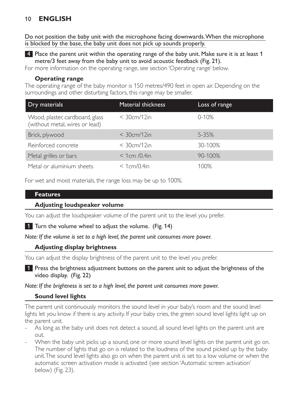Alcance de funcionamiento, Funciones, Ajuste del volumen de los parlantes | Ajuste del brillo de la pantalla, Luces de nivel de sonido | Philips AVENT Vigilabebés con vídeo digital User Manual | Page 10 / 44