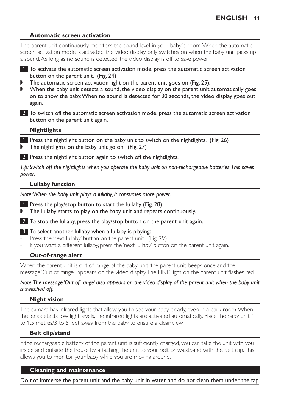Activación de pantalla automática, Luz de noche, Función de canción de cuna | Alerta de fuera de alcance, Visión nocturna | Philips AVENT Vigilabebés con vídeo digital User Manual | Page 11 / 44