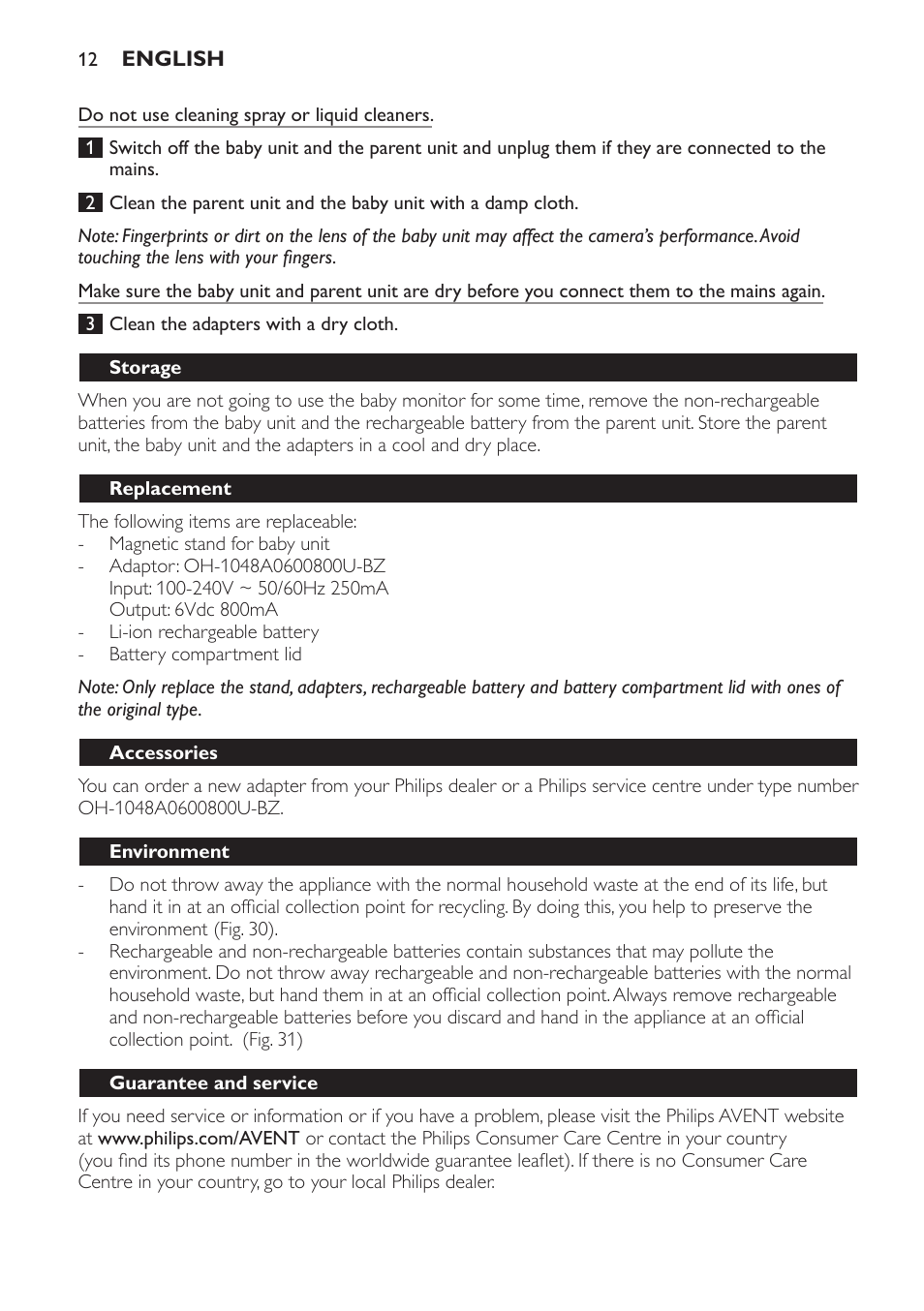 Clip para el cinturón / soporte, Limpieza y mantenimiento, Guardado | Reemplazo, Accesorios, Medio ambiente | Philips AVENT Vigilabebés con vídeo digital User Manual | Page 12 / 44