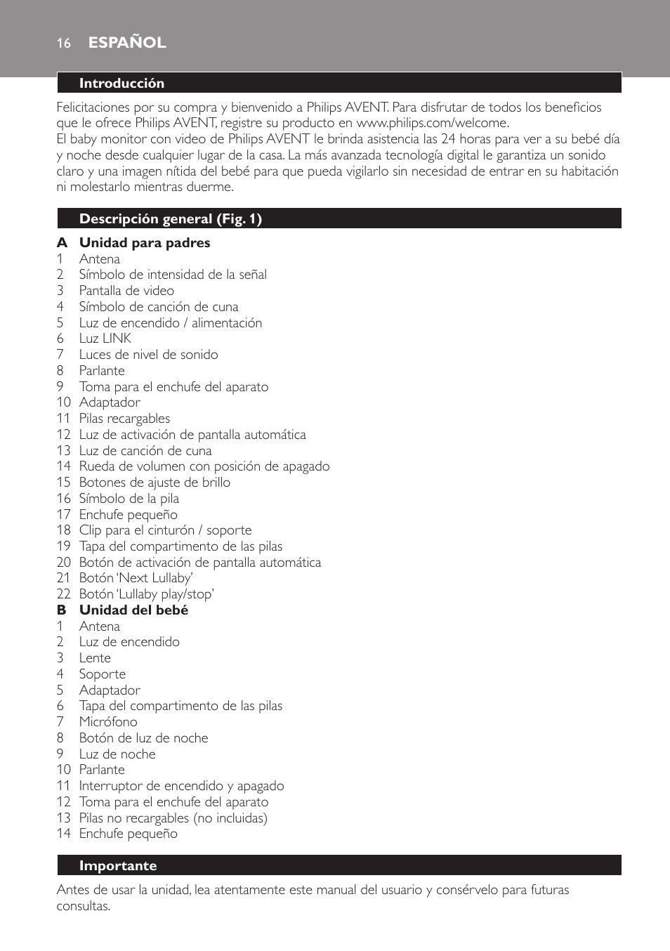 Philips AVENT Vigilabebés con vídeo digital User Manual | Page 16 / 44