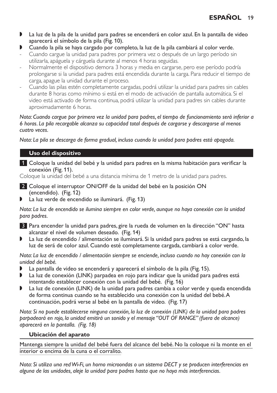 Electromagnetic fields (emf), Preparing for use, Baby unit | Mains operation, Operation on non-rechargeable batteries, Parent unit, Operation on rechargeable battery | Philips AVENT Vigilabebés con vídeo digital User Manual | Page 19 / 44