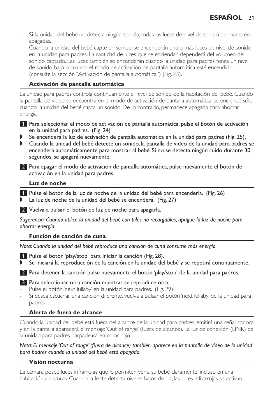 Operating range, Features, Adjusting loudspeaker volume | Adjusting display brightness, Sound level lights | Philips AVENT Vigilabebés con vídeo digital User Manual | Page 21 / 44