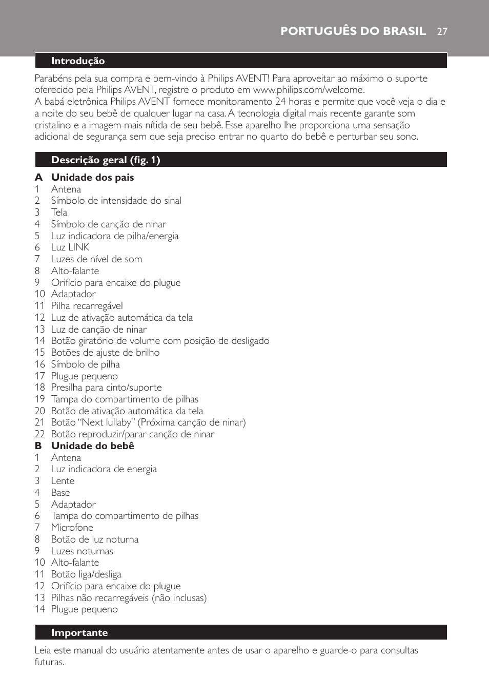 Português do brasil, Introdução, Descrição geral (fig. 1) | Importante | Philips AVENT Vigilabebés con vídeo digital User Manual | Page 27 / 44