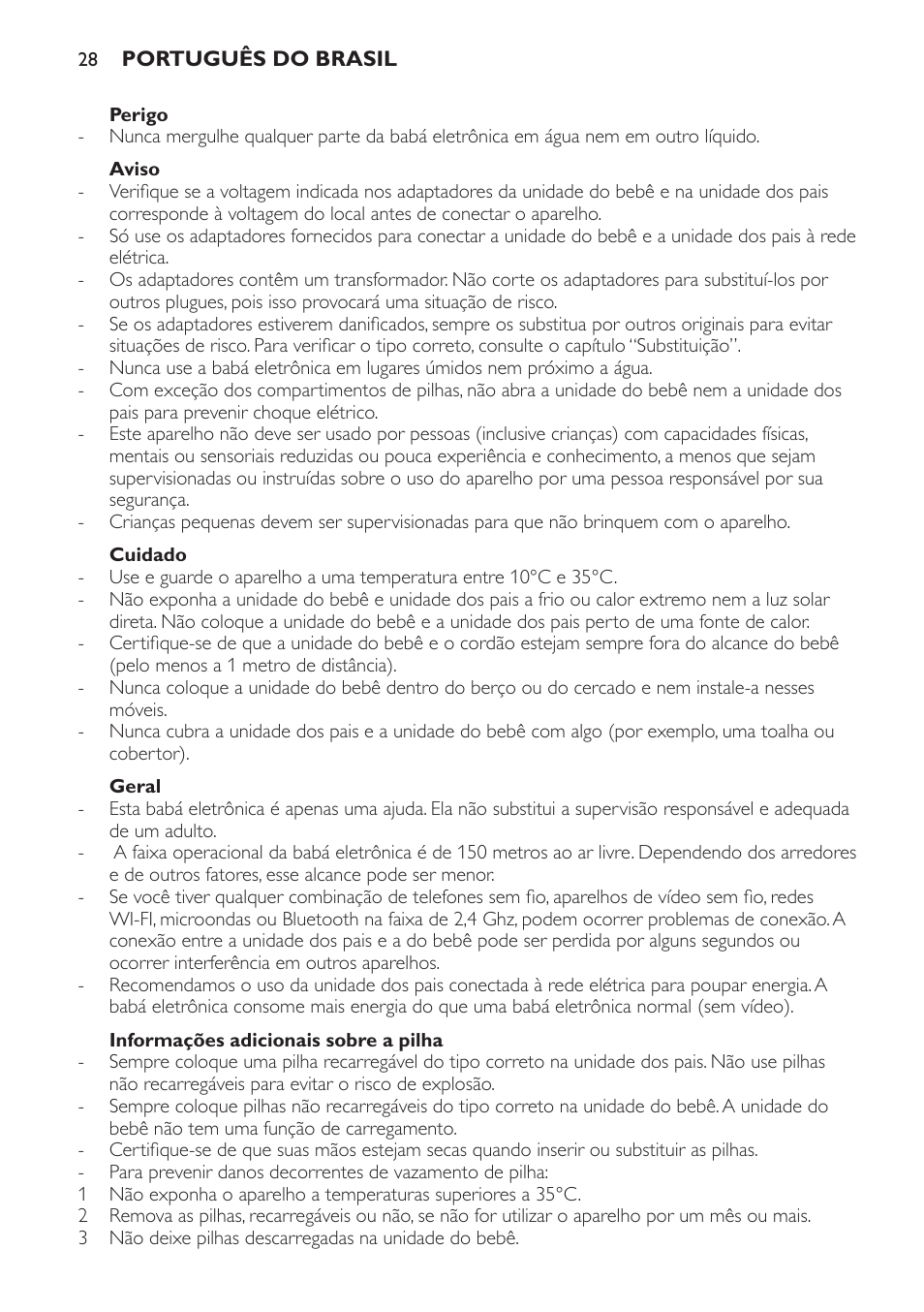 Perigo, Aviso, Cuidado | Geral, Informações adicionais sobre a pilha | Philips AVENT Vigilabebés con vídeo digital User Manual | Page 28 / 44